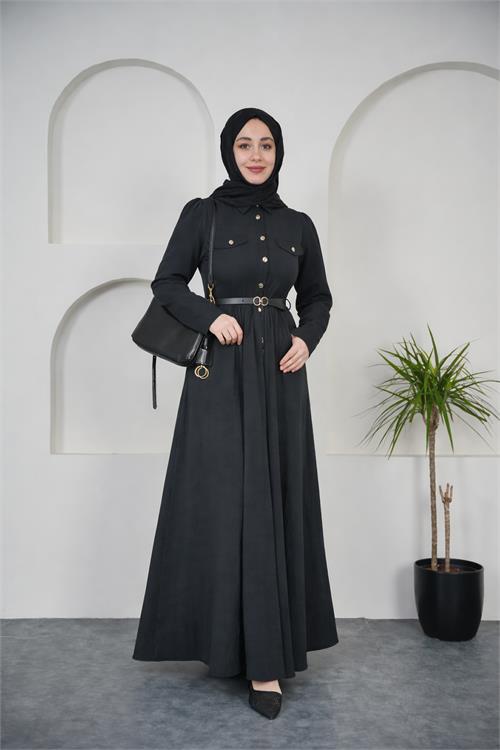 Neşeli butik kadın siyah gömlek yaka düğmeli kemer detaylı tesettür elbise NBVQ4652 