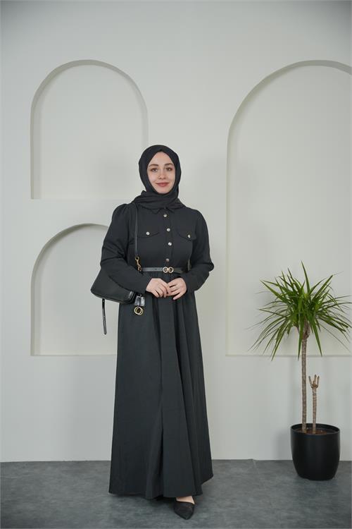 Neşeli butik kadın siyah gömlek yaka düğmeli kemer detaylı tesettür elbise NBVQ4652 