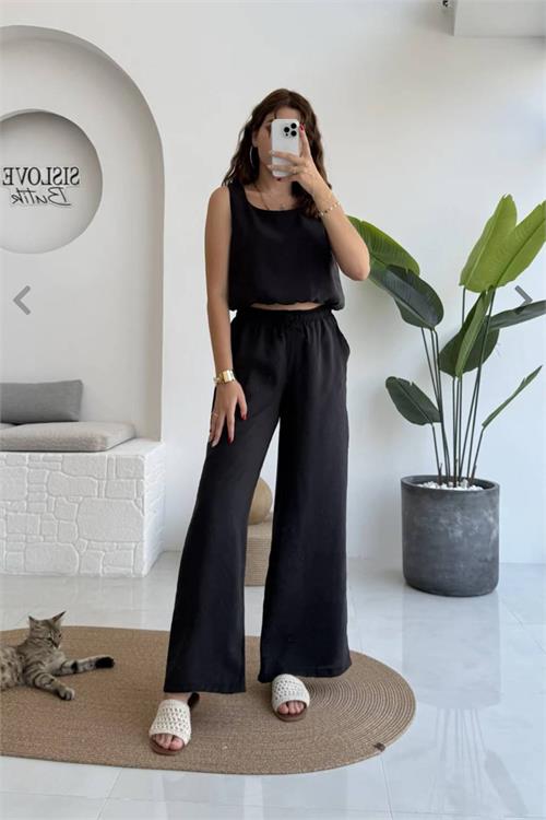 Neşeli butik kadın siyah kalın askılı crop bağcıklı pantolon ikili yazlık takım NBNP033 