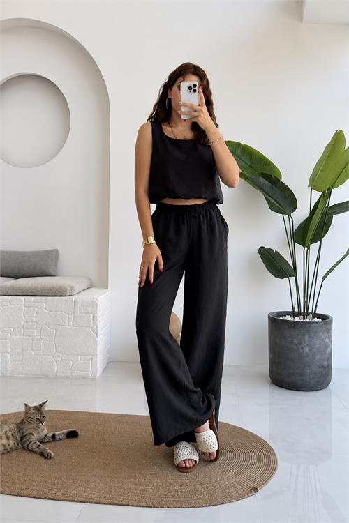 Neşeli butik kadın siyah kalın askılı crop bağcıklı pantolon ikili yazlık takım NBNP033 