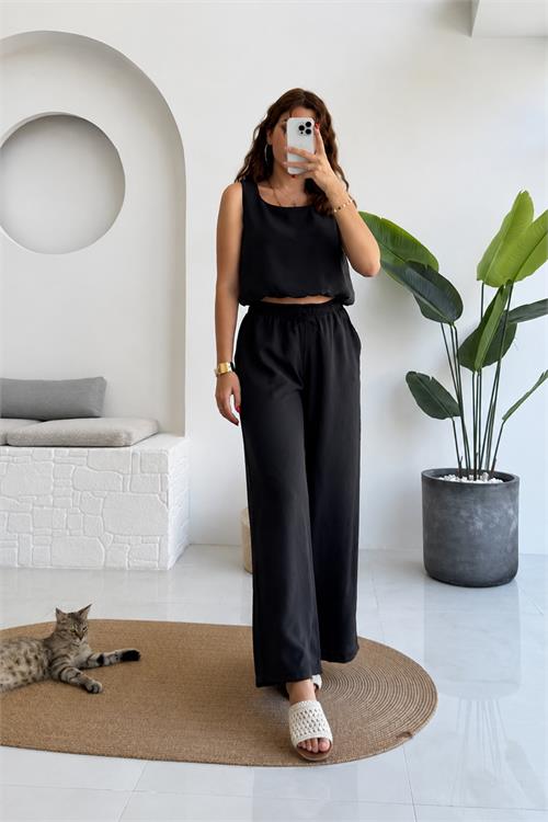 Neşeli butik kadın siyah kalın askılı crop bağcıklı pantolon ikili yazlık takım NBNP033 