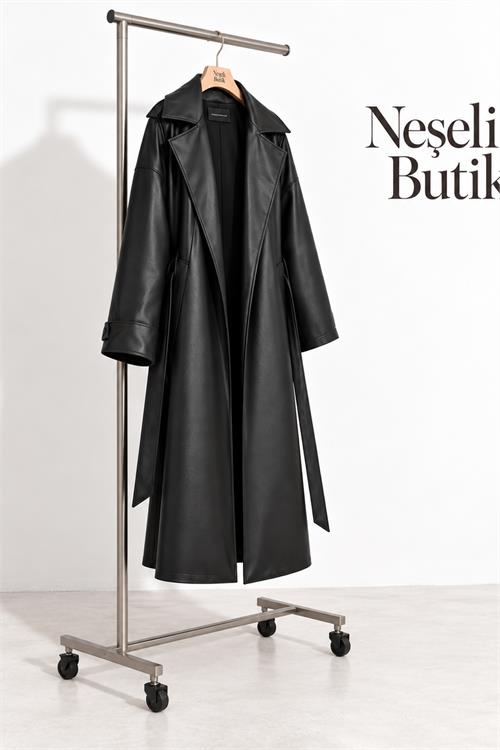 Neşeli butik kadın siyah kol detaylı tam boy suni deri kuşaklı premium trençkot NBELV01 