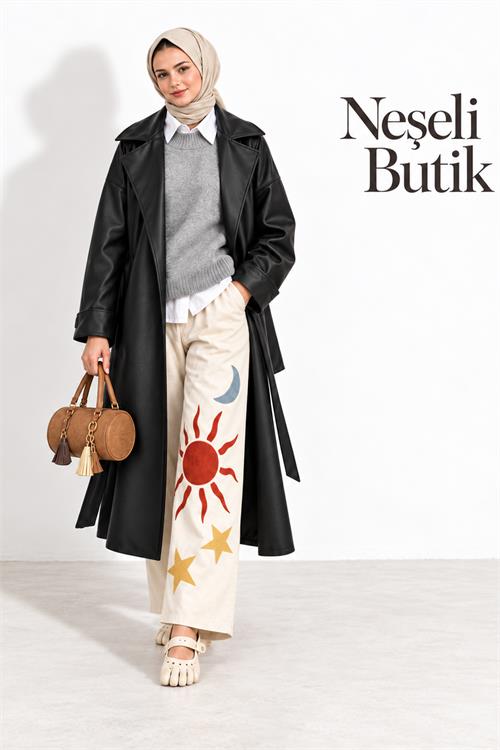 Neşeli butik kadın siyah kol detaylı tam boy suni deri kuşaklı premium trençkot NBELV01 
