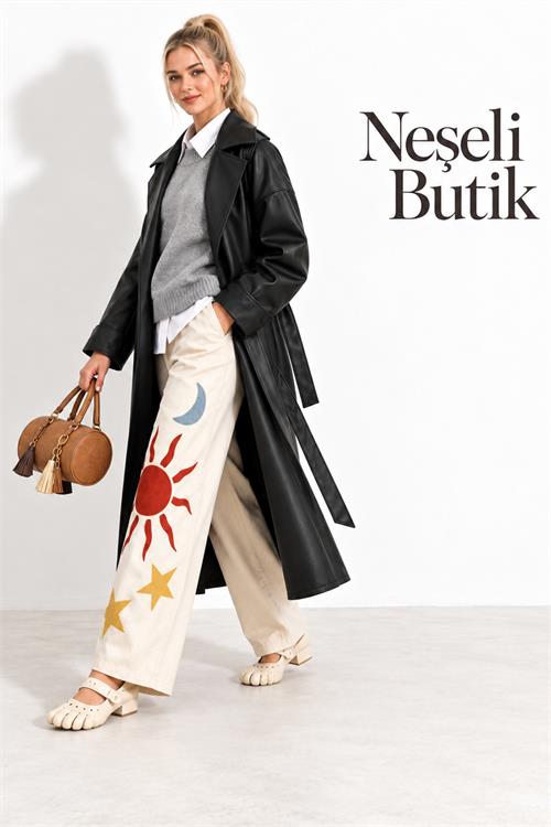 Neşeli butik kadın siyah kol detaylı tam boy suni deri kuşaklı premium trençkot NBELV01 