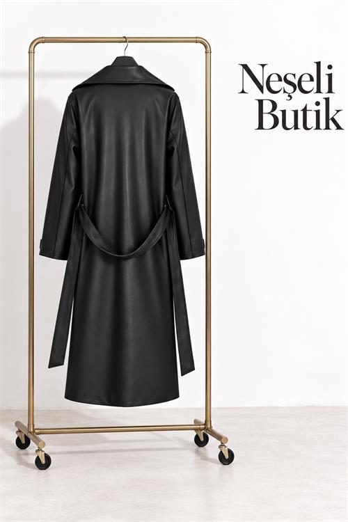 Neşeli butik kadın siyah kol detaylı tam boy suni deri kuşaklı premium trençkot NBELV01 