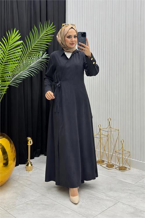 Neşeli butik kadın siyah kol düğme detaylı beğlamalı tesettür ferace elbise --- NMS097 