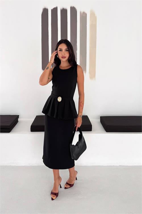 Neşeli butik kadın siyah kolsuz peplum kesim midi boy kemer tokalı elbise NBK4640 