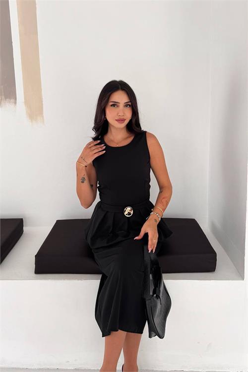 Neşeli butik kadın siyah kolsuz peplum kesim midi boy kemer tokalı elbise NBK4640 