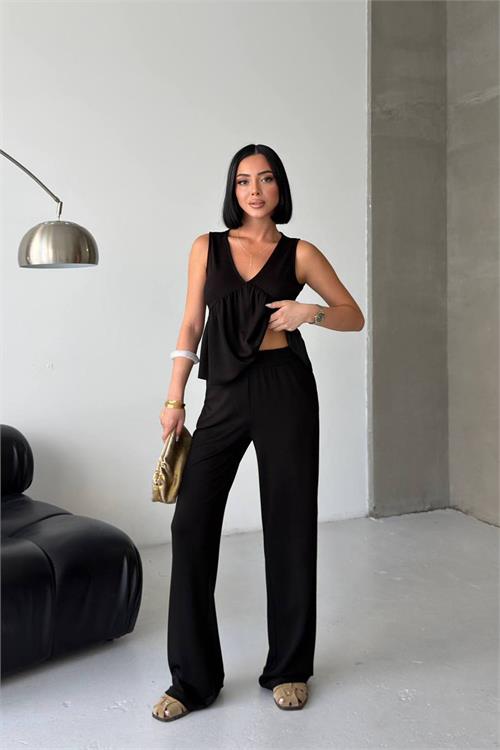 Neşeli butik kadın siyah modal kumaş volanlı atlet geniş paça pantolon yazlık ikili takım NBG132 