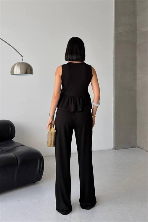 Neşeli butik kadın siyah modal kumaş volanlı atlet geniş paça pantolon yazlık ikili takım NBG132 