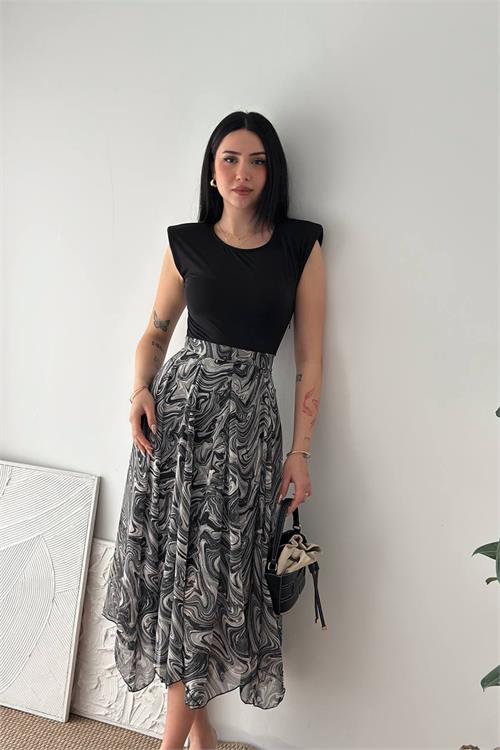 Neşeli butik kadın siyah modern kesim vatkalı asimetrik kesim mermer desen elbise NBK4593 