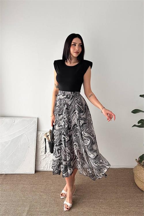 Neşeli butik kadın siyah modern kesim vatkalı asimetrik kesim mermer desen elbise NBK4593 