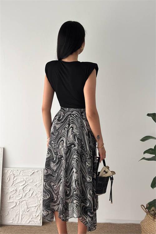 Neşeli butik kadın siyah modern kesim vatkalı asimetrik kesim mermer desen elbise NBK4593 