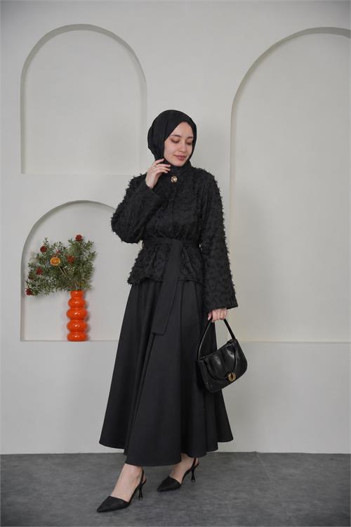 Neşeli butik kadın siyah püskül kumaş bağlama detaylı etekli tesettür takım ---- NBVQ3144 