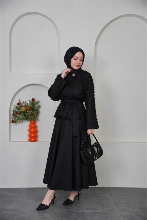 Neşeli butik kadın siyah püskül kumaş bağlama detaylı etekli tesettür takım ---- NBVQ3144 