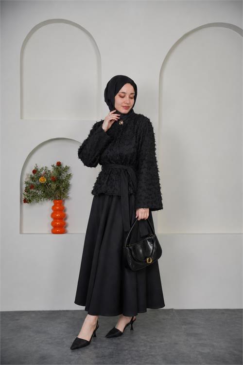 Neşeli butik kadın siyah püskül kumaş bağlama detaylı etekli tesettür takım ---- NBVQ3144 
