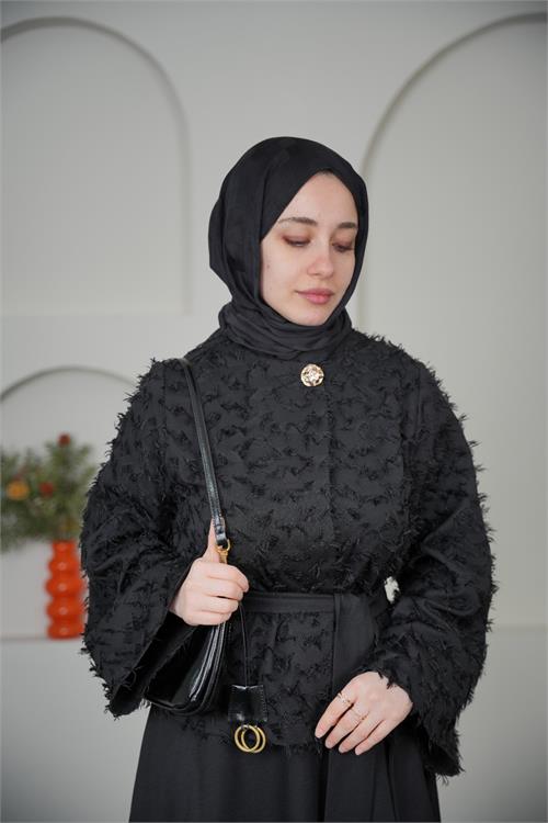 Neşeli butik kadın siyah püskül kumaş bağlama detaylı etekli tesettür takım ---- NBVQ3144 