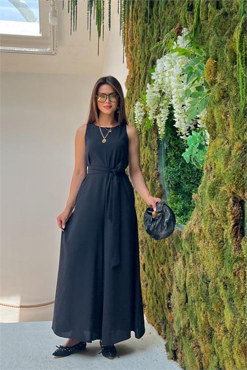 Neşeli butik kadın siyah rahat kalıp kolsuz kuşak detaylı tam boy tulum NBMY4017 