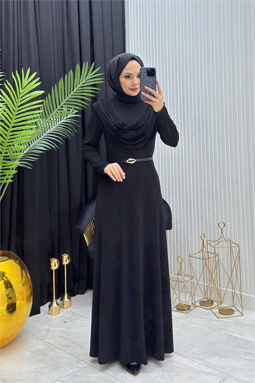 Neşeli butik kadın siyah sandy kumaş degaje yaka kemer detaylı tesettür elbise---- NMS096 