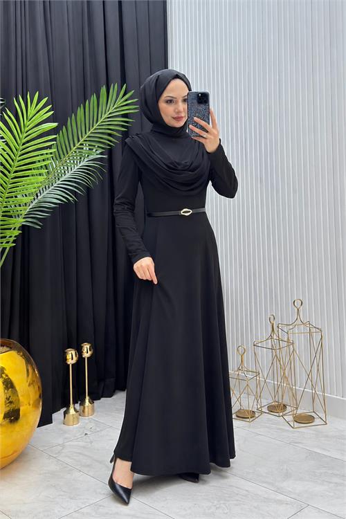 Neşeli butik kadın siyah sandy kumaş degaje yaka kemer detaylı tesettür elbise---- NMS096 