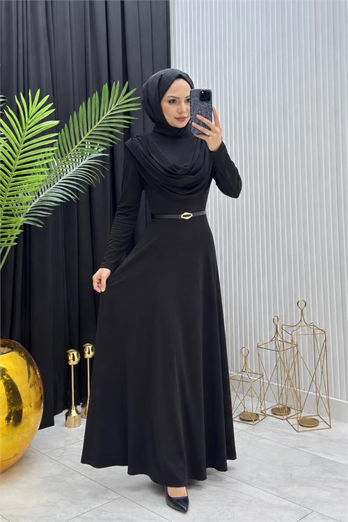 Neşeli butik kadın siyah sandy kumaş degaje yaka kemer detaylı tesettür elbise---- NMS096 