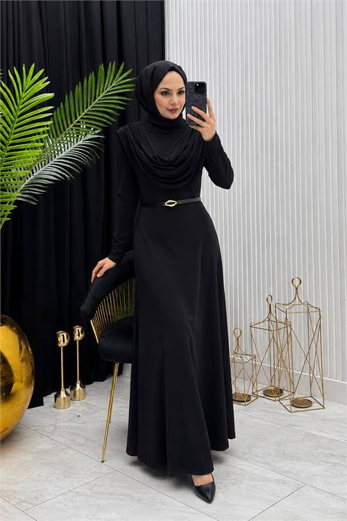 Neşeli butik kadın siyah sandy kumaş degaje yaka kemer detaylı tesettür elbise---- NMS096 