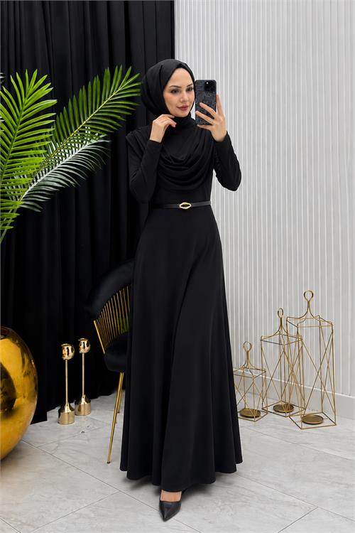 Neşeli butik kadın siyah sandy kumaş degaje yaka kemer detaylı tesettür elbise---- NMS096 