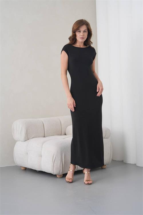 Neşeli butik kadın siyah sırt dekolteli zincir detaylı midi boy abiye elbise NBS9387 