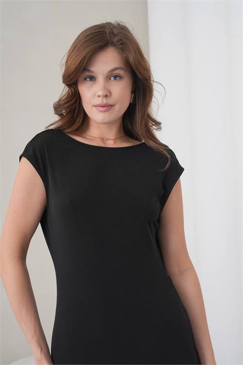 Neşeli butik kadın siyah sırt dekolteli zincir detaylı midi boy abiye elbise NBS9387 