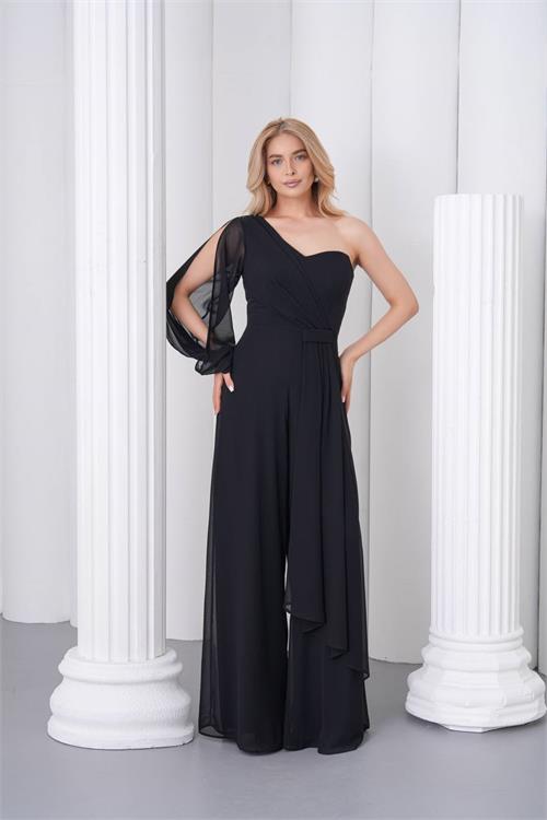 Neşeli butik kadın siyah tek kol astarlı tül kumaş tasarım abiye tulum NBS9389 