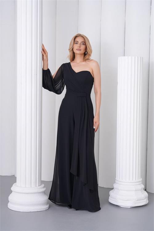 Neşeli butik kadın siyah tek kol astarlı tül kumaş tasarım abiye tulum NBS9389 