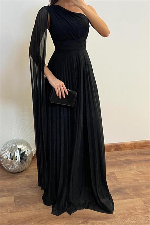 Neşeli butik kadın siyah tek omuz pilise detaylı simli tül kumaş abiye elbise NBSWLL16 