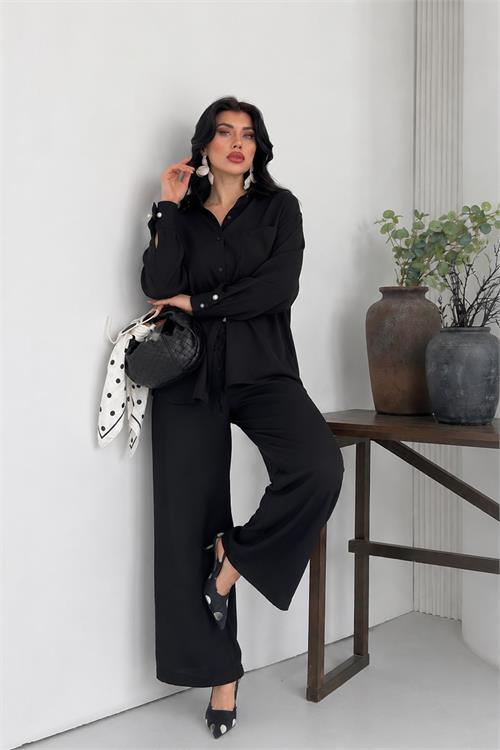 Neşeli butik kadın siyah tensel kumaş oversize gömlek pantolon ikili takım NBNP037 