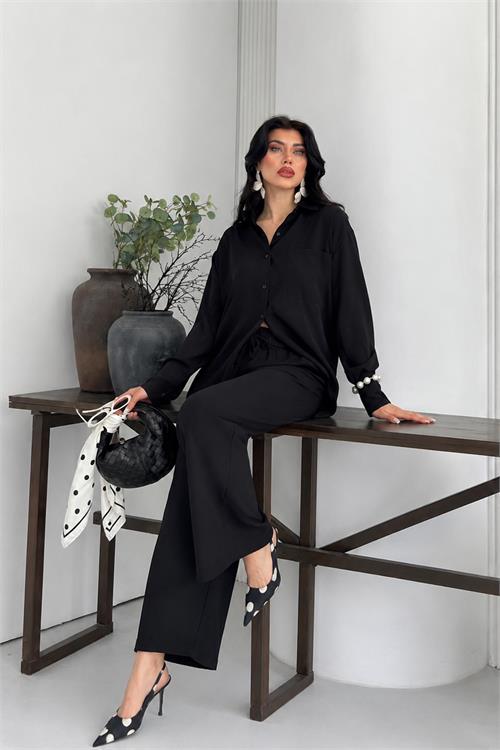 Neşeli butik kadın siyah tensel kumaş oversize gömlek pantolon ikili takım NBNP037 