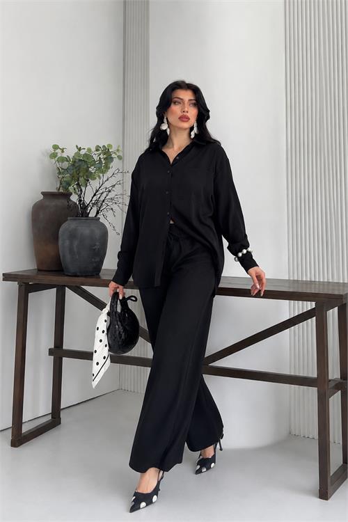 Neşeli butik kadın siyah tensel kumaş oversize gömlek pantolon ikili takım NBNP037 
