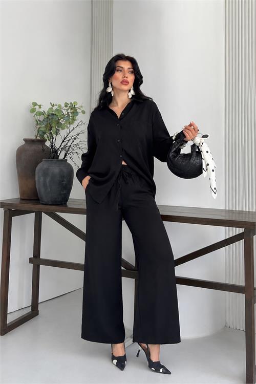Neşeli butik kadın siyah tensel kumaş oversize gömlek pantolon ikili takım NBNP037 