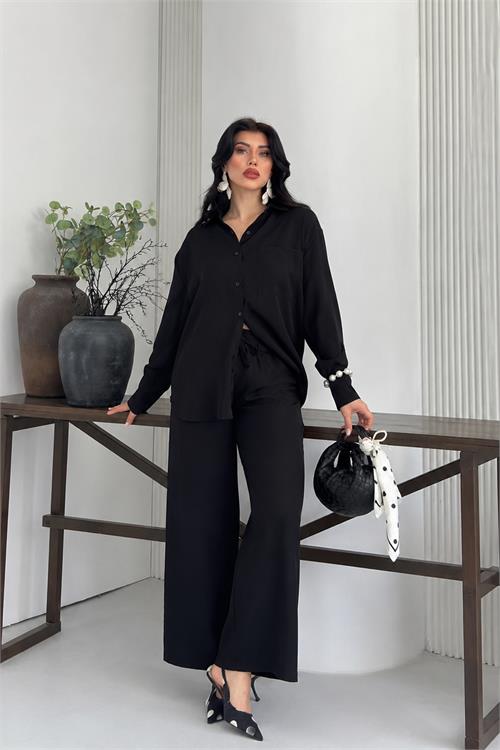 Neşeli butik kadın siyah tensel kumaş oversize gömlek pantolon ikili takım NBNP037 