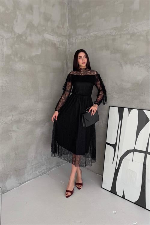 Neşeli butik kadın siyah transparan dantel detaylı tül midi elbise --- NBK4571 