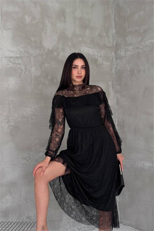 Neşeli butik kadın siyah transparan dantel detaylı tül midi elbise --- NBK4571 