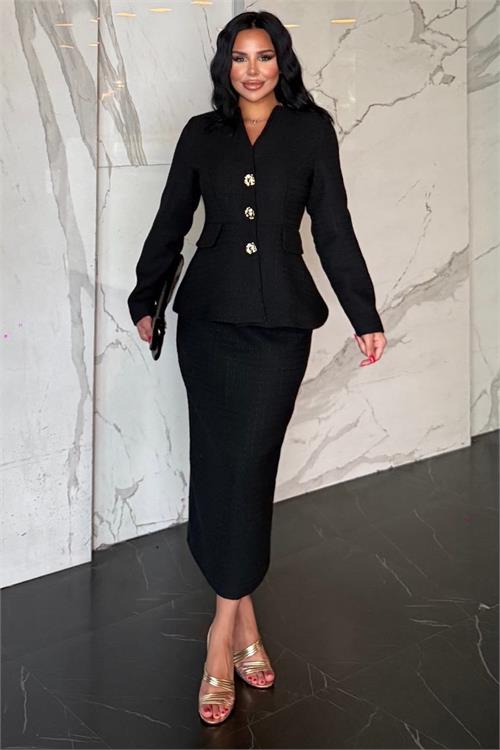 Neşeli butik kadın siyah tüvit kumaş peplum ceket kalem etek ikili takım NBSTR1012 