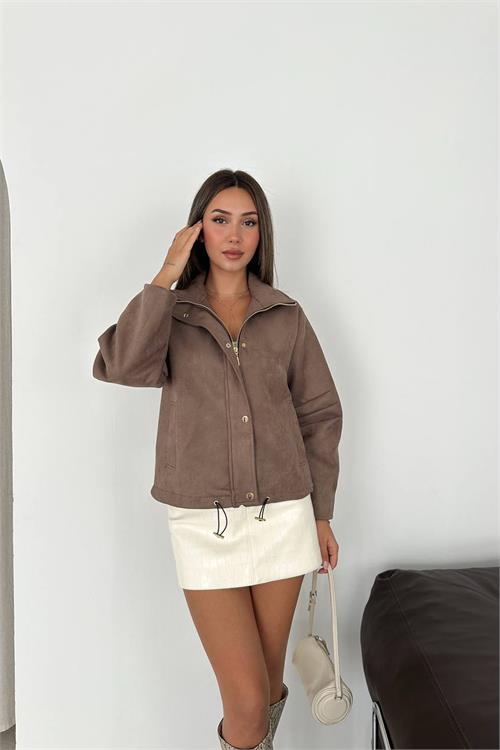 Neşeli butik kadın vizon dik yaka çıtçıtlı süet görünümlü bomber ceket NBK010 