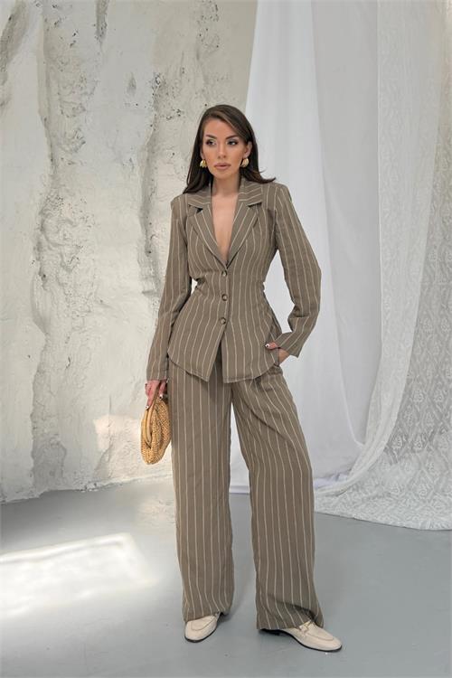 Neşeli butik kadın vizon şerit desenli bel bağlamalı blazer ceket pantolon takım --- NBNP030 