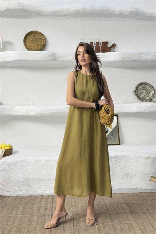 Neşeli butik kadın yeşil cep detaylı kolsuz oversize yazlık elbise NBNP038 
