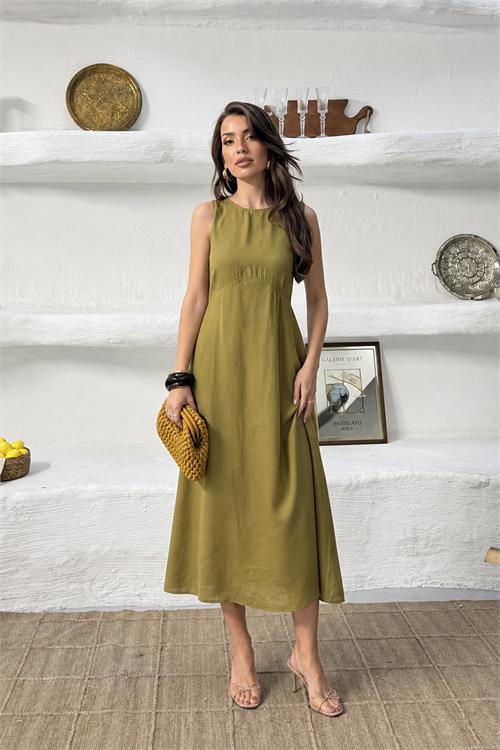 Neşeli butik kadın yeşil cep detaylı kolsuz oversize yazlık elbise NBNP038 