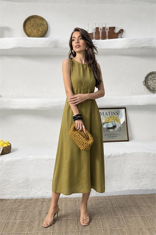 Neşeli butik kadın yeşil cep detaylı kolsuz oversize yazlık elbise NBNP038 