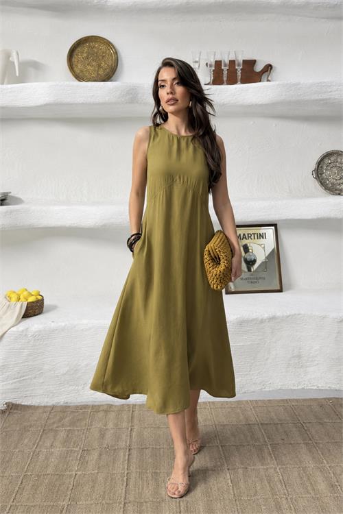 Neşeli butik kadın yeşil cep detaylı kolsuz oversize yazlık elbise NBNP038 