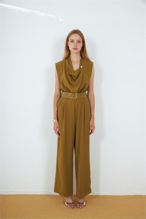 Neşeli butik kadın yeşil degaje yaka kemerli kolsuz geniş paça tulum NBMY4030 
