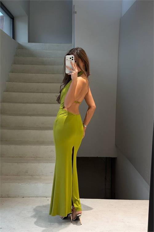 Neşeli butik kadın yeşil degaje yaka sırt dekolteli maxi boy premium elbise NBDF298 