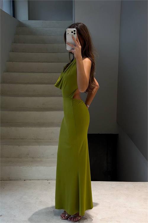 Neşeli butik kadın yeşil degaje yaka sırt dekolteli maxi boy premium elbise NBDF298 