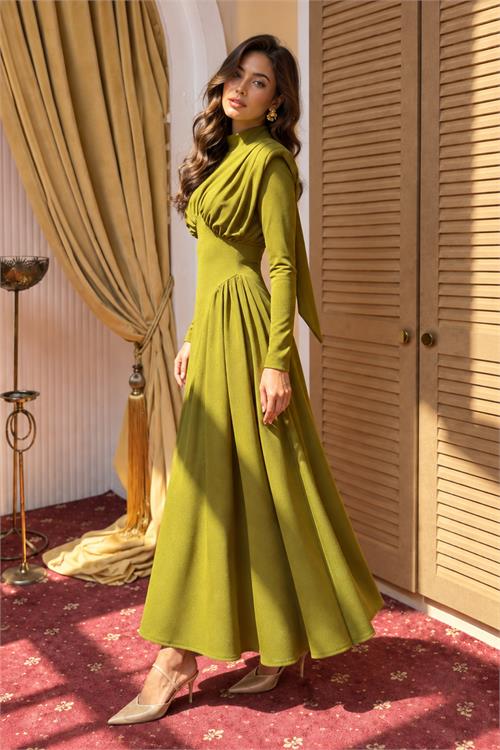 Neşeli butik kadın yeşil dik yaka vatkalı krep kumaş boyun bağlamalı elbise NBMY4158 